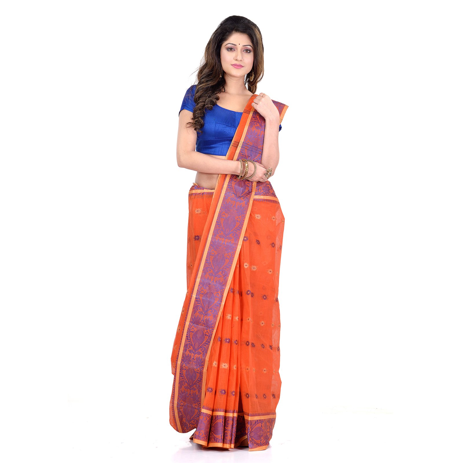 DESH BIDESH Women`s Traditional Bengal Tant Woven Bee Kolka Design Pure Handloom Cotton Saree Without Blouse Piece (Orange)